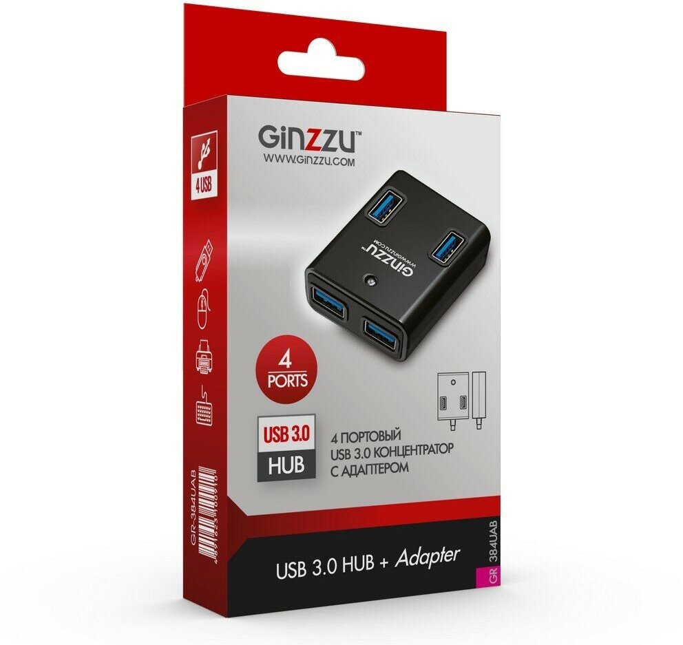 концентратор USB 3.0 Ginzzu GR-384UAB на 4 порта + адаптер - фото №11