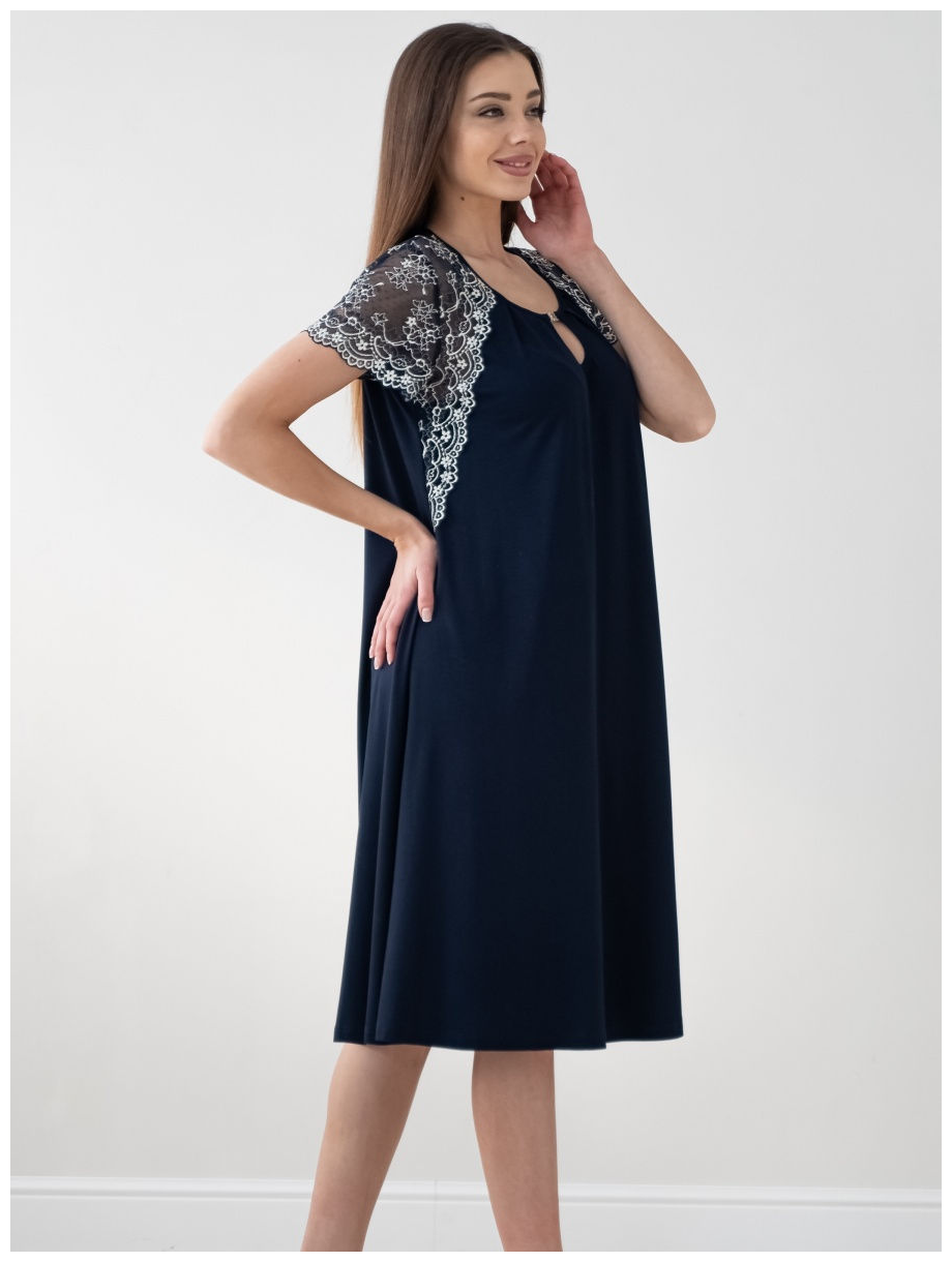 Женская ночная сорочка с рукавом и кружевом Федора, большой размер 52, темно-синий цвет. Текстильный край. - фотография № 6