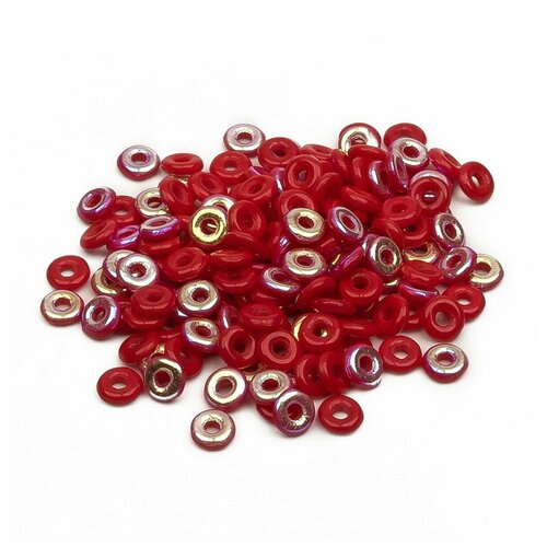Бусины стеклянные O bead, размер 1,3х4 мм, диаметр отверстия 1,4 мм, цвет: Opaque Red AB, 5 грамм (около 165 шт). в тропиках ab 165