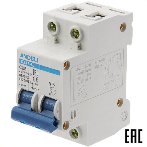 Автоматический выключатель на Din-рейку ADL01-080 ANDELI DZ47-63/2P C25A/2п/ 4,5кА (2 шт. в комплекте) автоматический выключатель andeli am1 630l