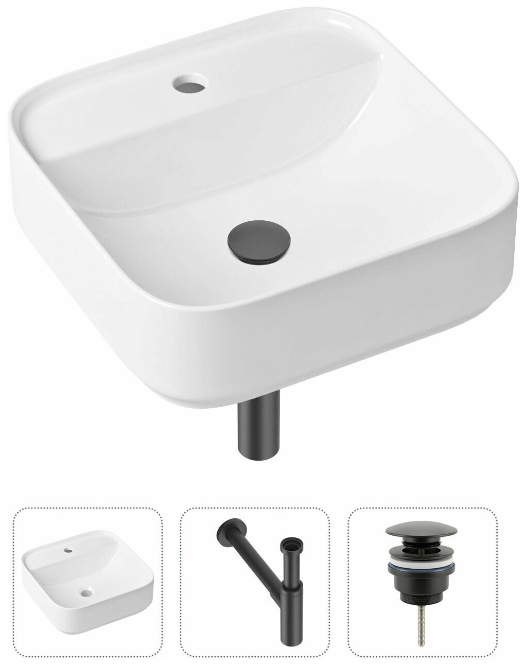 Накладная раковина в ванную Lavinia Boho Bathroom Sink Slim 21520308 в комплекте 3 в 1: умывальник белый, донный клапан и сифон в цвете матовый черный