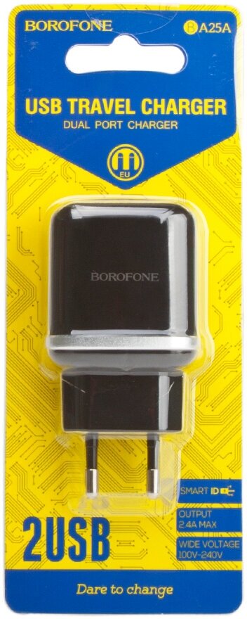 Сетевое зарядное устройство Borofone BA25A Outstanding, 2xUSB, 2.4A, черный Noname - фото №14
