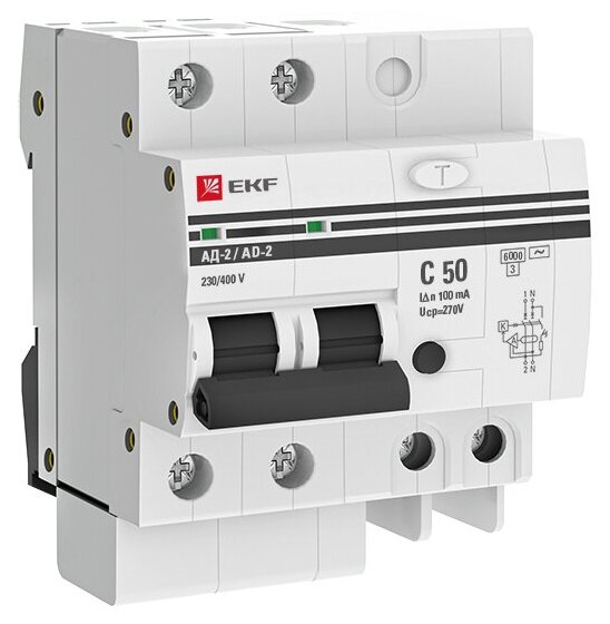 Дифференциальный автомат АД-2 50А-100мА (хар. C, AC, электронный) 6кА EKF PROxima