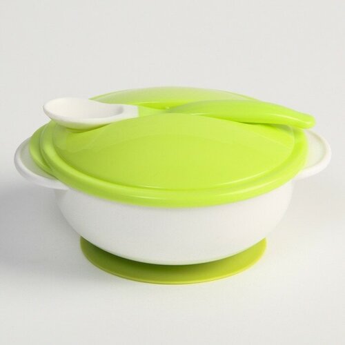 набор посуды для кормления миска на присоске с крышкой ложка цвет бирюзовый Набор детской посуды: миска на присоске 400мл, с крышкой, ложка, цвет белый/зеленый