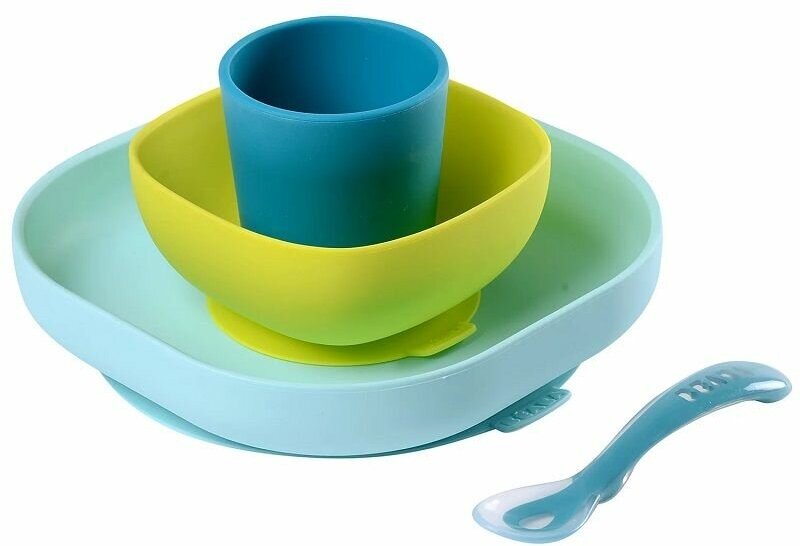 Набор посуды Beaba 2 тарелки, стакан, ложка/Slicone Meal Set (4PCS) Blue 913428