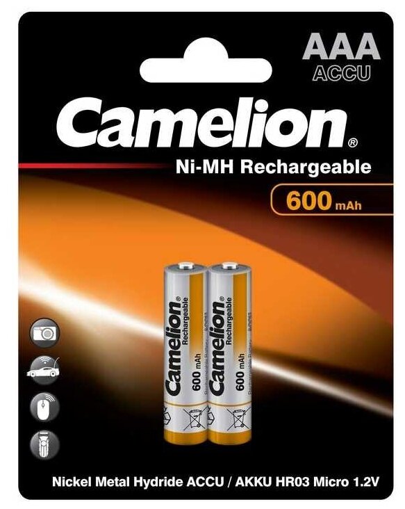 Camelion, AAA600mAh/2BL, аккумуляторная батарейка, Ni-Mh, в блистере