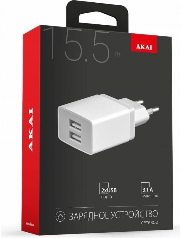 Сетевое зарядное устройство AKAI CH-6C04W универсальное 2 USB 3.1A белый