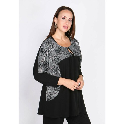 Блуза  Gala Grosso, свободный силуэт, укороченный рукав, флористический принт, размер 50, черный