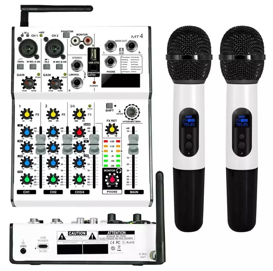 AdeptAudio MT4 Четырех канальный микшерный пульт с встроенной UHF радиосистемой, блютуз, MP3 Player, USB аудиоинтерфейс
