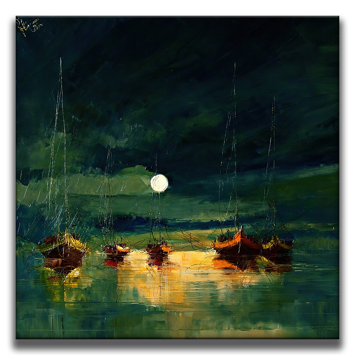 Картина для интерьера на холсте Юстины Копаня «Корабли в лунном свете» 30х30, холст натянут на подрамник