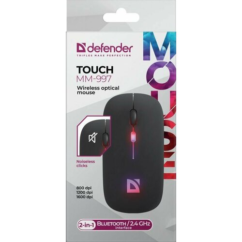 Мышь беспроводная для компьютера бесшумная Defender Touch MM-997 белая,2.4+BT, RGB,400mAh