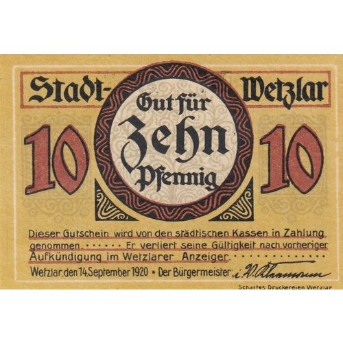 Германия (Веймарская Республика) Вецлар 10 пфеннигов 1920 г. (2) германия веймарская республика зондербург 10 пфеннигов 1920 г 2