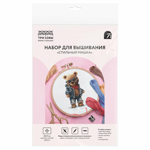 Набор для вышивания крестиком ТРИ совы Стильный мишка 1120см пакет с европодвесом арт 364418 880₽