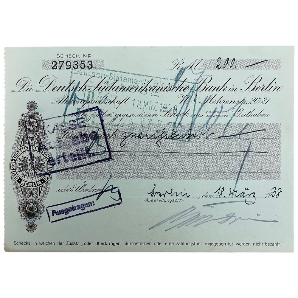 Германия, Третий Рейх, чек Южноамериканского банка Берлина на 200 марок 1938 г.