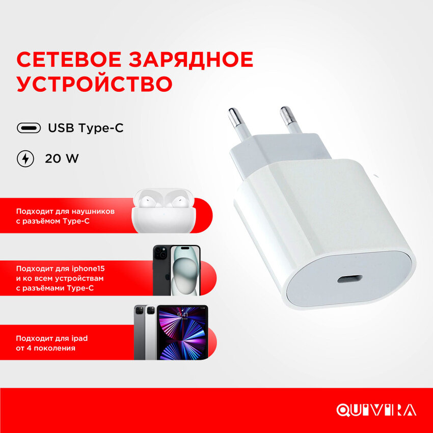 Блок питания Type C 20W с кабелем Type C -> Type C, зарядка для телефона, поддержка PD3.0, провод Type C быстрая зарядка — фото 1