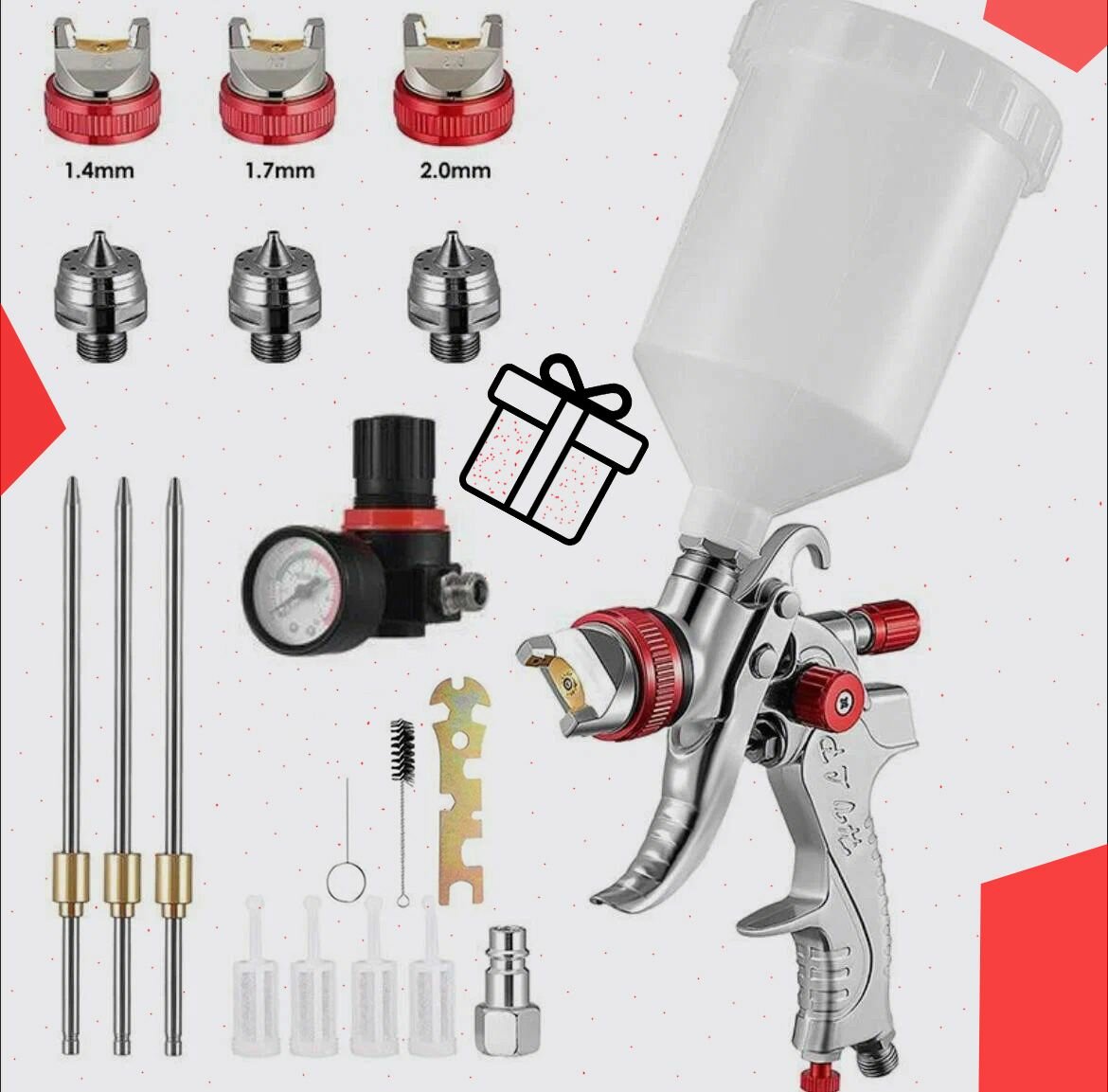 фото Краскопульт пневматический, полный комплект с манометром и 3-мя дозами: 1.4 мм, 1.7мм, 2.0мм