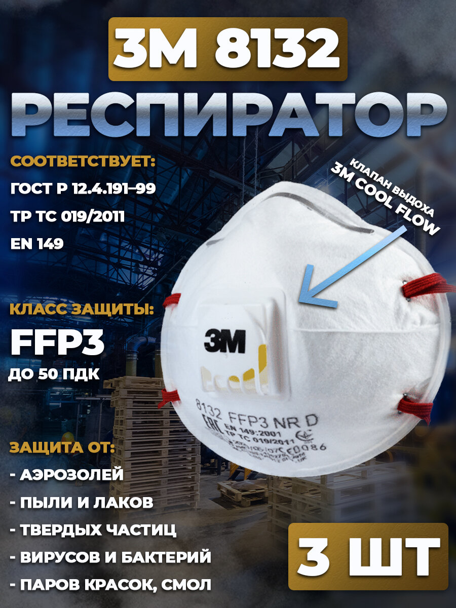 Респиратор-маска 3M FFP3 8132 многоразовый с клапаном 3 шт