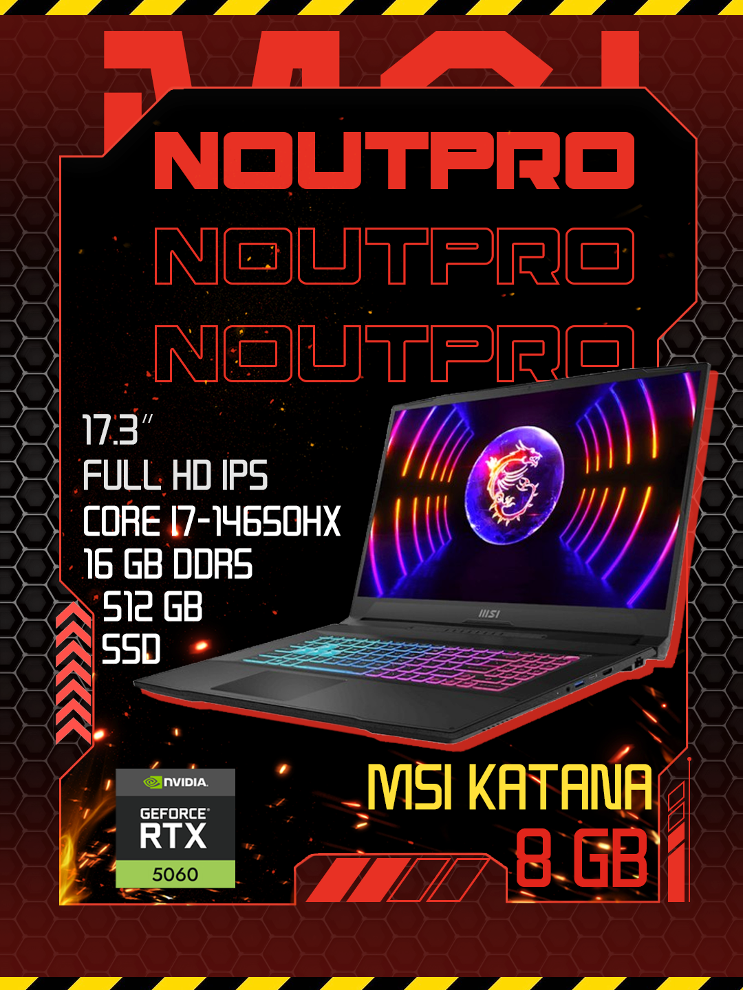 Нотбук MSI KATANA 17 Intel® Core™ i7-14650HX RAM 16 GB DDR5 SSD 512 GB RTX 5060 8 GB 17.3 240 Hz