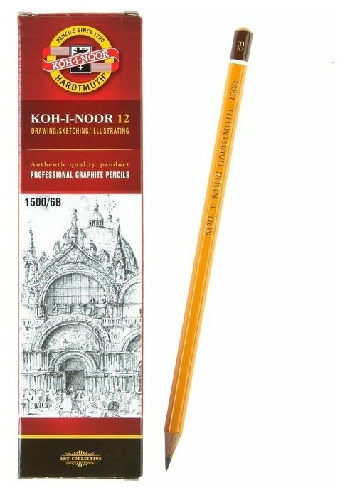 Карандаш чернографитный 2.5 мм, Koh-I-Noor 1500 6B, профессиональный, L=175 мм