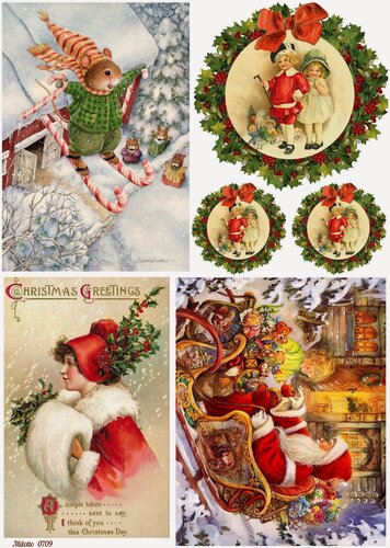 Изображение товара Рисовая бумага для декупажа карта салфетка А4 салфетка 0709 Новый Год Рождество зима Дед Мороз Санта винтаж крафт Milotto