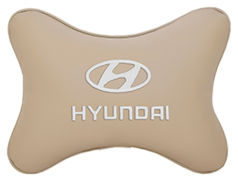 Автомобильная подушка на подголовник экокожа Beige с логотипом автомобиля HYUNDAI