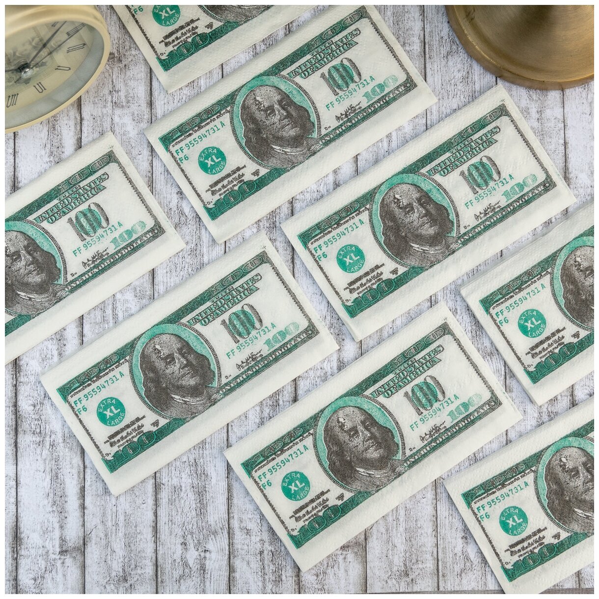 Салфетки бумажные в виде денег "100 долларов" с рисунком стодолларовых купюр в зеленой гамме - на свадьбу, юбилей и день рождения, 3 пачки - фотография № 6