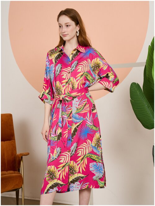 Платье-рубашка Olya Stoforandova, вискоза, повседневное, полуприлегающее, миди, карманы, размер 44, розовый