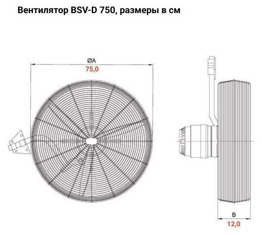 Вентилятор настенный BVN BSV-D 750, промышленного типа, с защитной решеткой, 3 режима скорости, 17400 м3/час, 350 Вт - фотография № 2