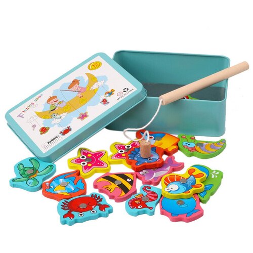 Магнитная рыбалка с деревянными рыбками в металлической коробочке (голубая) 