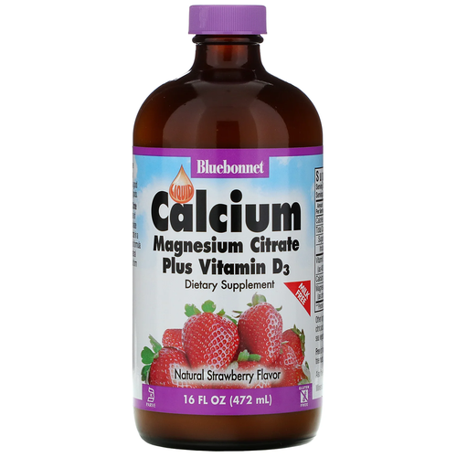 Bluebonnet Nutrition Liquid Calcium Magnesium Citrate Plus Vitamin D3 (Цитрат кальция и магния с витамином D3) в жидкой форме вкус натуральной клубники 472 мл