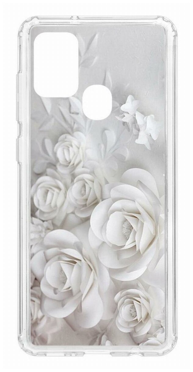 Чехол для Samsung Galaxy A21S Kruche Print White roses, пластиковая накладка, силиконовый бампер с защитой камеры, защитный прозрачный кейс с рисунком