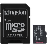 Карта памяти Kingston microSDHC 16 ГБ Class 10, V30, A1, UHS-I U3, R/W 100/80 МБ/с, адаптер на SD