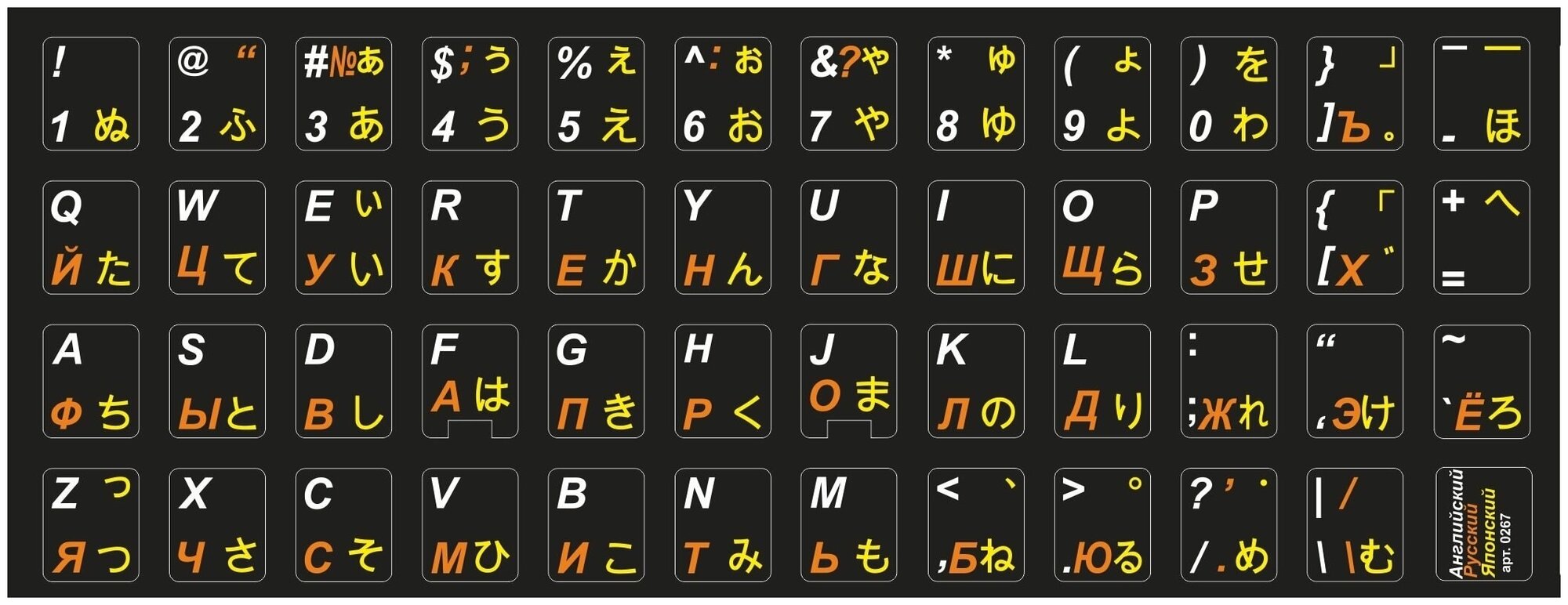Японские, английские, русские буквы на клавиатуру, наклейки букв 11x13 мм.
