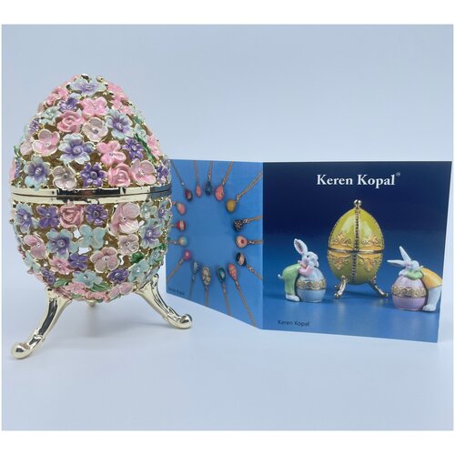 Яйцо пасхальное сувенирное с цветами и кристаллами в стиле Дом Фаберже (Faberge Easter Egg) статуэтка винтаж, коллекционная интерьерная декоративная универсальная шкатулка для ювелирных украшений, бижутерии, пасха, декор, интерьер, фигурка. Ручная работа, пьютер, эмаль, позолота, Австрийские кристаллы. Design by Keren Kopal, Israel
