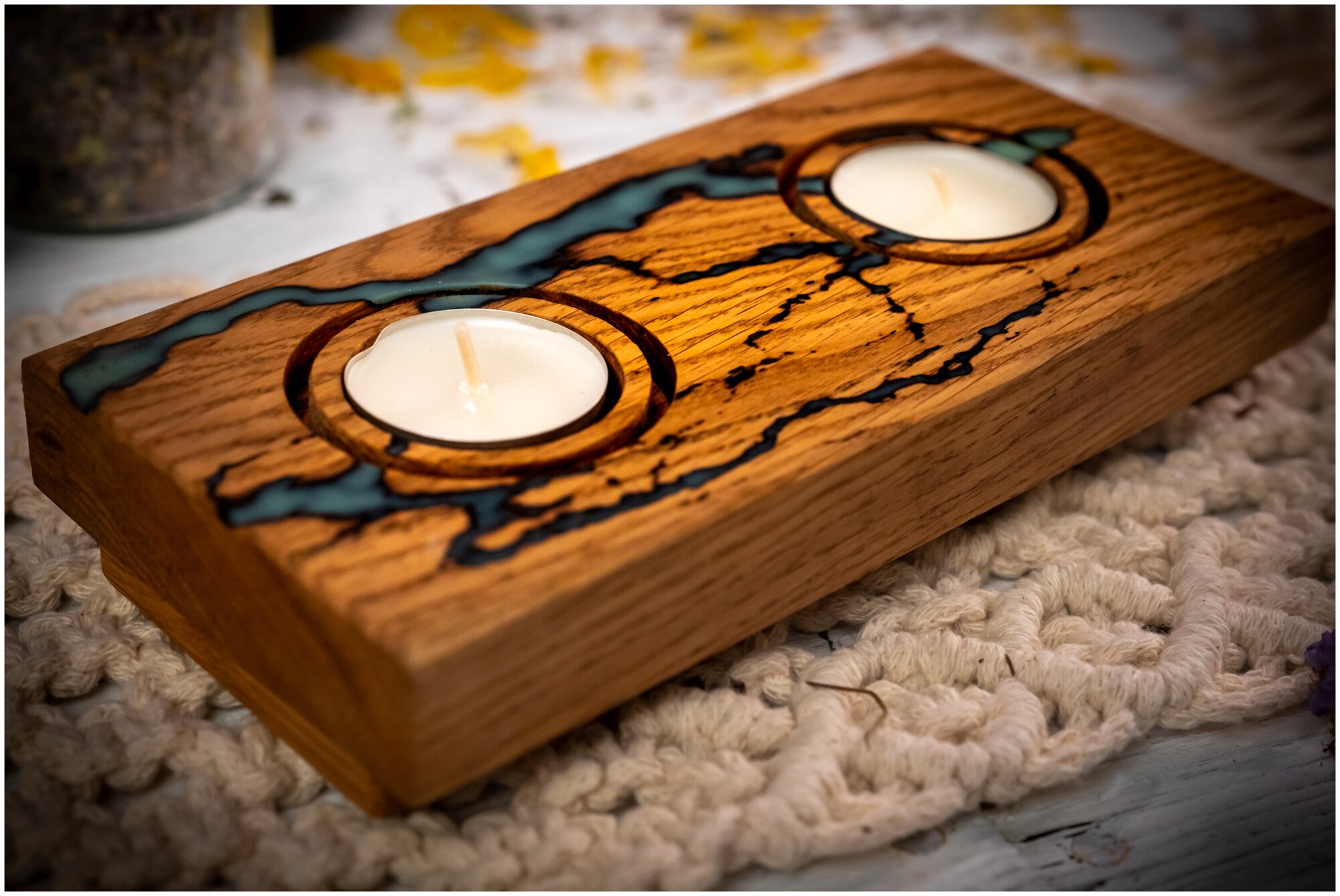 Подсвечник деревянный "Тет-а-Тет с лампой" 25х9,5 см. для чайной свечи (синяя молния) - фотография № 4