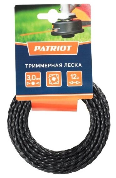 Леска для триммера Patriot D 3,0 мм L 12 м (скрученный квадрат, черный) 300-12-5, картонный подвес