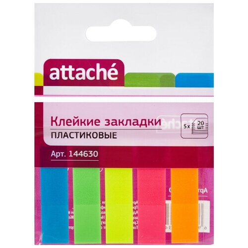 Клейкие закладки Attache пластиковые 5 цветов по 20 листов 12х45 мм клейкие закладки post it неон 5 цветов по 20 штук 142383