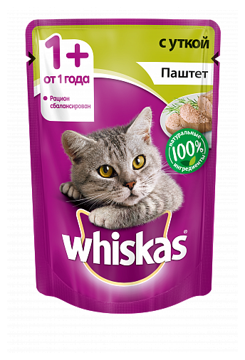 Whiskas Влажный корм для кошек паштет с уткой 75 г х 48 шт. (Пауч) (102054) - фотография № 1