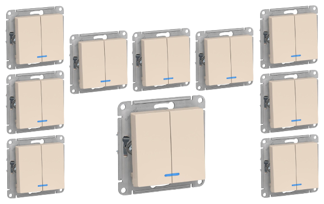 Выключатель Schneider Electric (Systeme Electric) Atlas Design 2-клавишный с подсветкой, 10А, 10 AX, Бежевый - 10 шт.