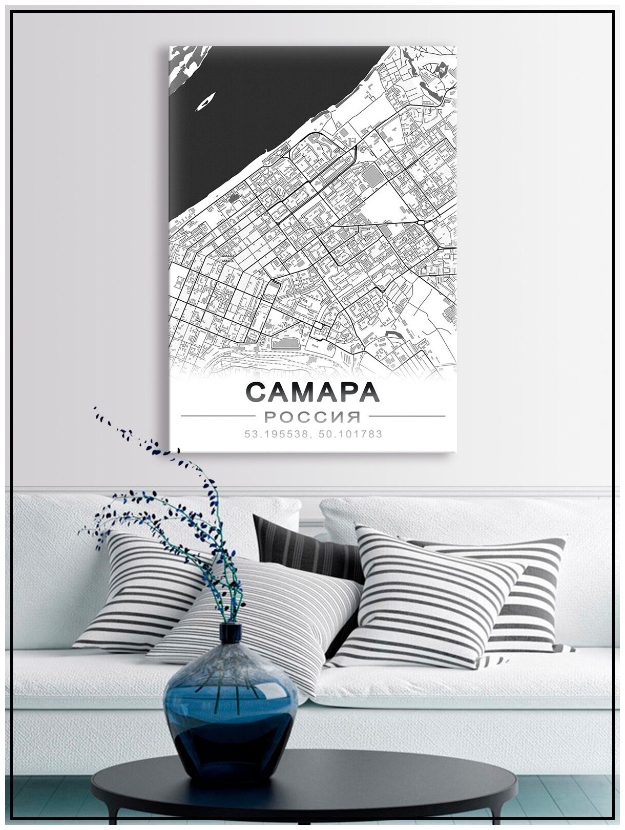 Картина для интерьера на натуральном хлопковом холсте "Карта Самары", 30*40см, холст на подрамнике, картина в подарок для дома