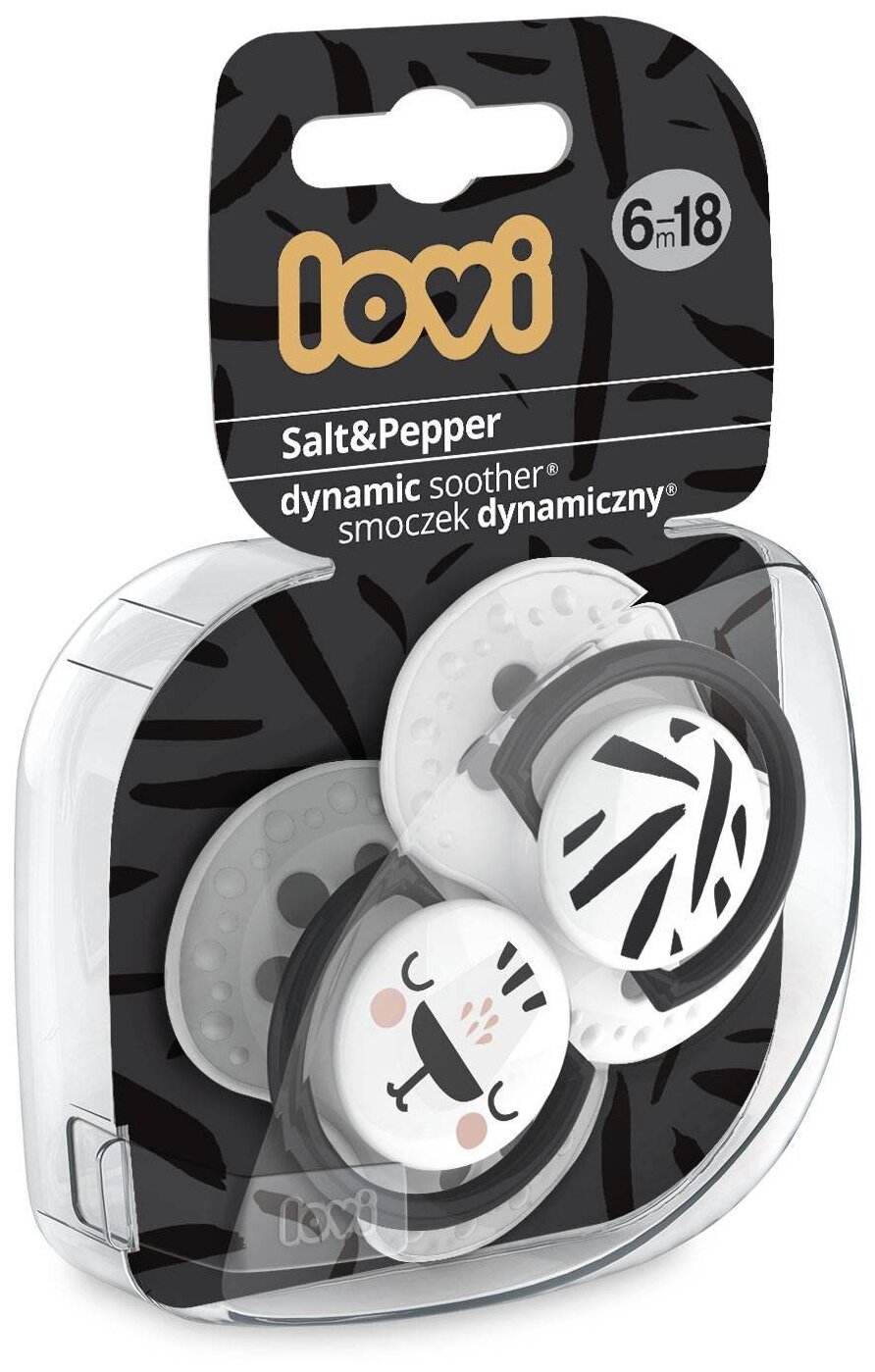 Соска пустышка силиконовая Lovi Salt&Pepper симметричная для новорожденных 6-18 месяцев, набор 2 пустышки с футляром