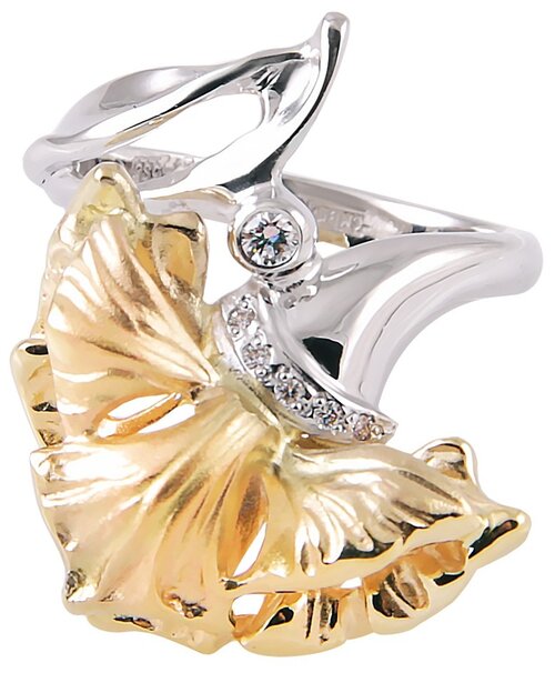 Перстень Альдзена Роскошь К-14063, белое, желтое, комбинированное золото, 585 проба, родирование, бриллиант, размер 17, белый, желтый