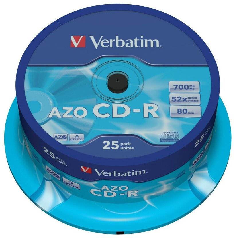 Verbatim Диск Диски CD-R 52-x 700Mb, Cristal AZO, Cake Box 25 шт. 43352