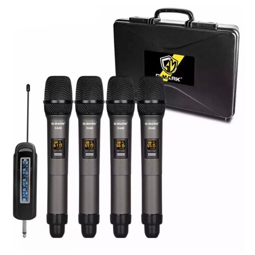 Набор беспроводных микрофонов G-MARK X440 в кейсе, 4 микрофона, 4 канала, база / караоке-группа / микрофоны для мероприятия