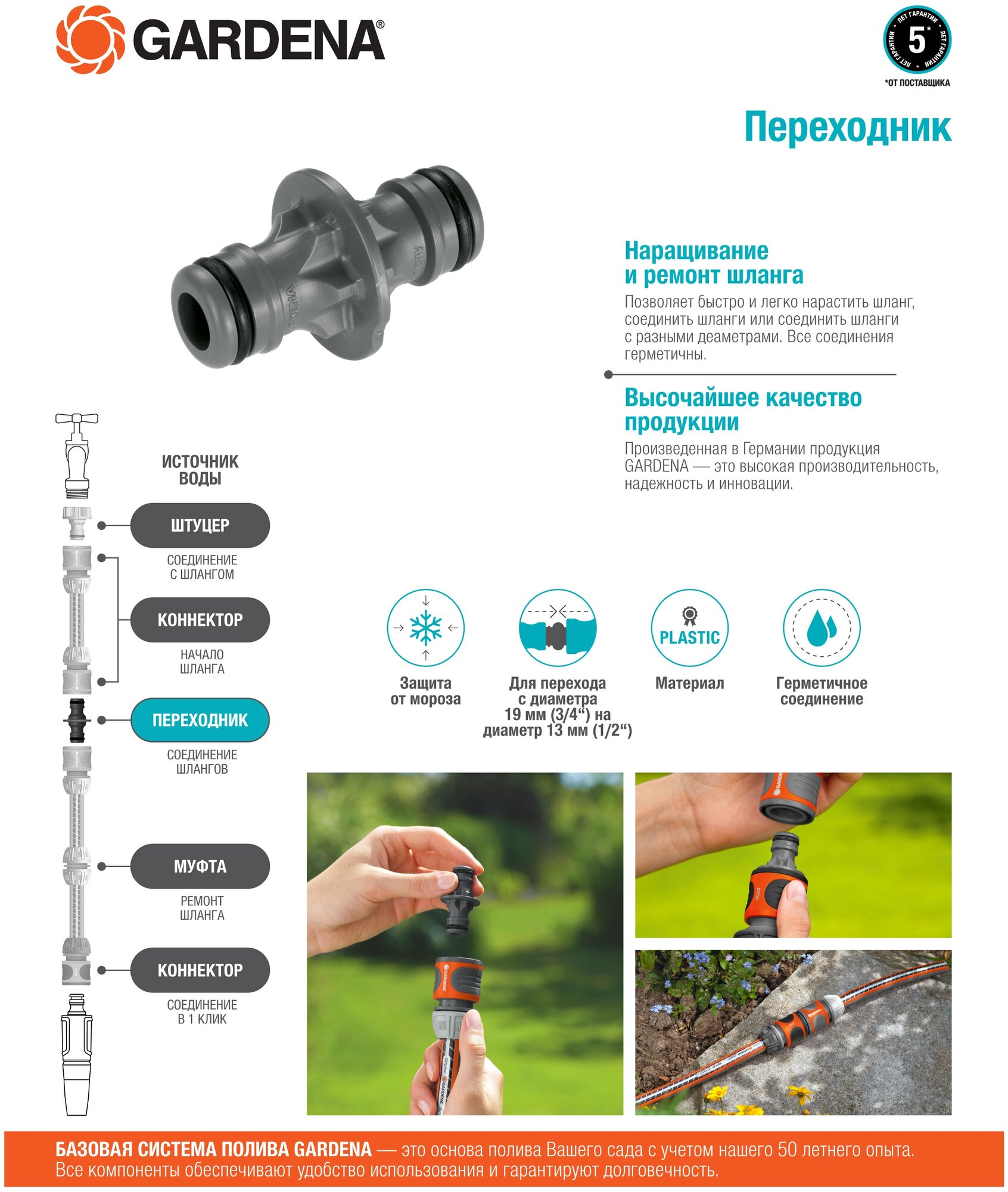 Коннектор для шланга GARDENA 2931-29 1/2 дюйма х 3/4 дюйма