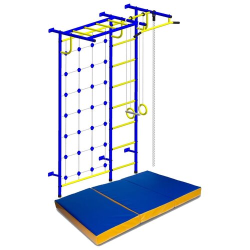 комплект спортивный комплекс пионер с8 ступени противоскользящие цвет зелено желтый и гамак капля Комплект: спортивный комплекс Пионер С4С ступени противоскользящие, цвет сине-желтый, мат 1,5 м