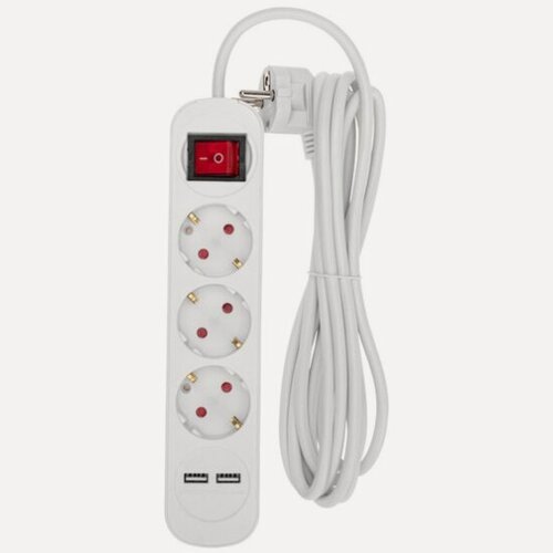 Изображение товара Удлинитель Rexant Standard 3 м, 2 USB, 3 гнезда, 3х1,0 кв. мм, с/з, с выключателем, белый