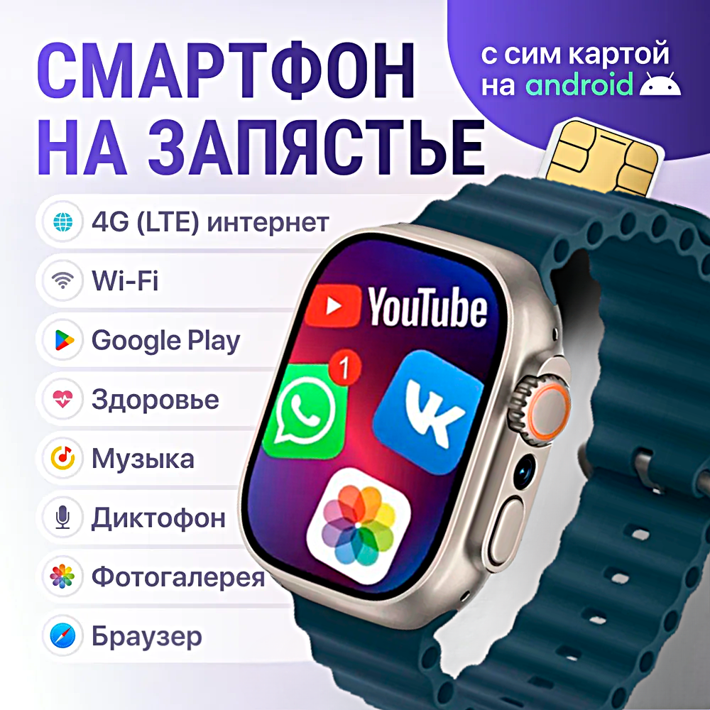 Смарт часы HK ULTRA ONE Умные часы PREMIUM Smart Watch AMOLED 4G, Wi-Fi, iOS, Android, Галерея, Игры, Браузер, Камера, Звонки, Темно-бирюзовый