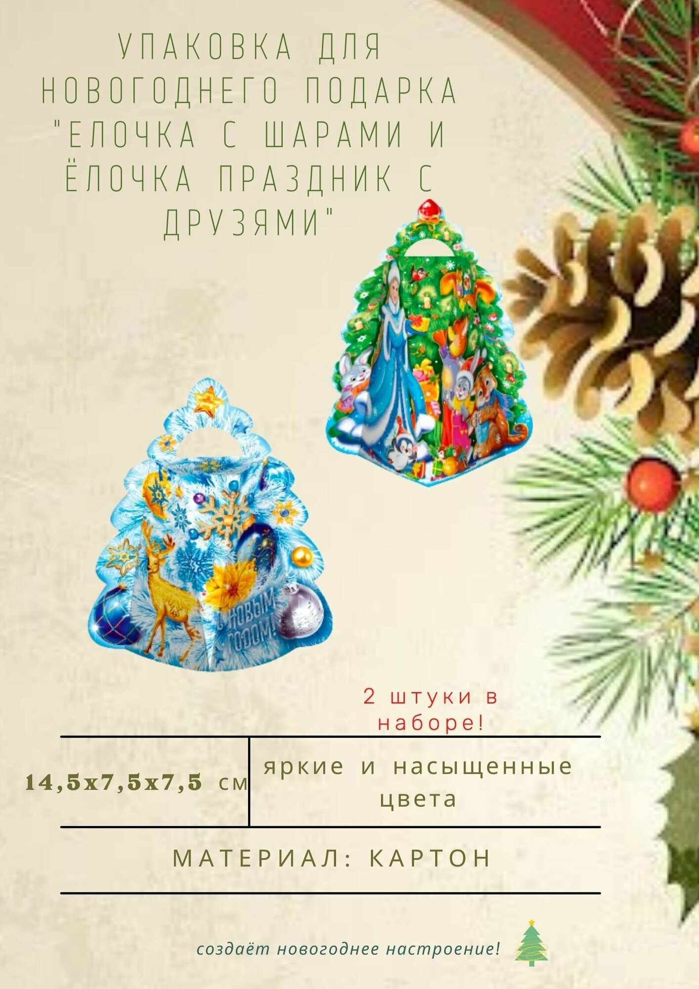 фото Подарочная новогодняя упаковка (картон) Ёлочка с шарами и Ёлочка праздник с друзьями, 2 штуки, для подарка на Новый год