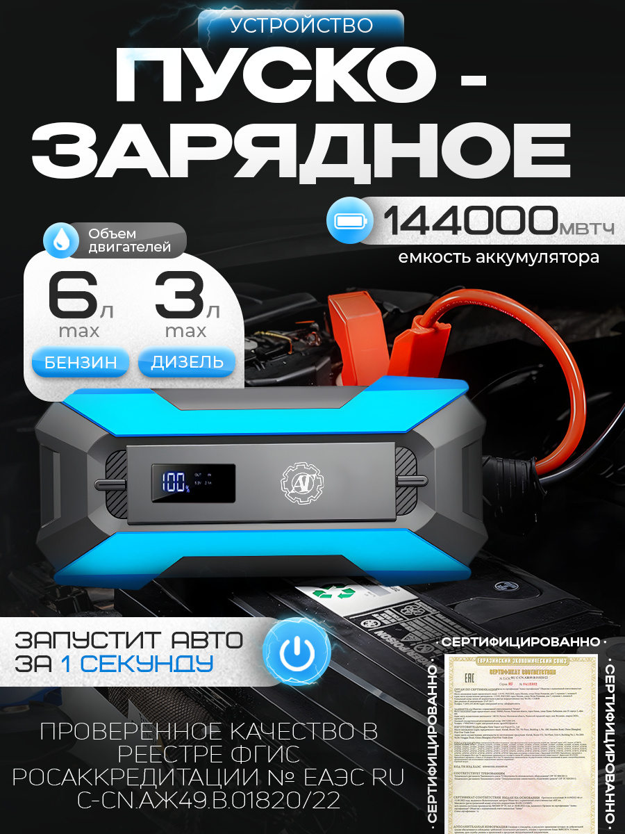 Портативное пуско-зарядное устройство для автомобиля с аккумулятором 12000 mAh